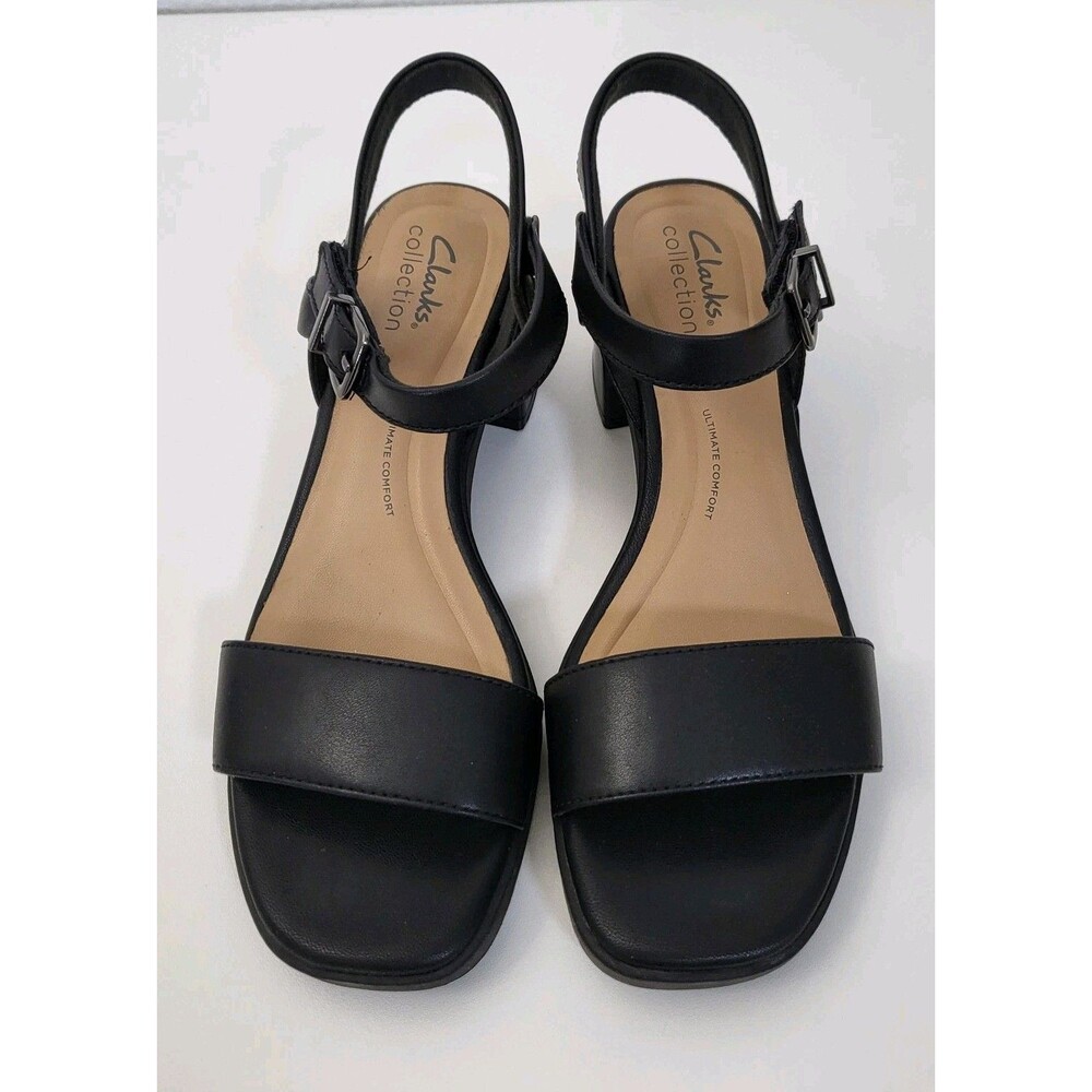 CLARKS Jaylan Ray Sandals Women 8 Black Leather Low Block Heel Slingback Comfort - Picture 2 of 9